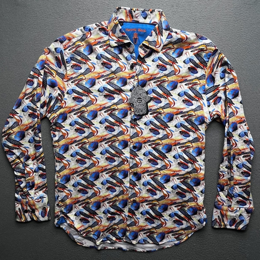 Luchiano Visconti Men Shirt Cotton Stretch Small Abstract Geometric Print Blue